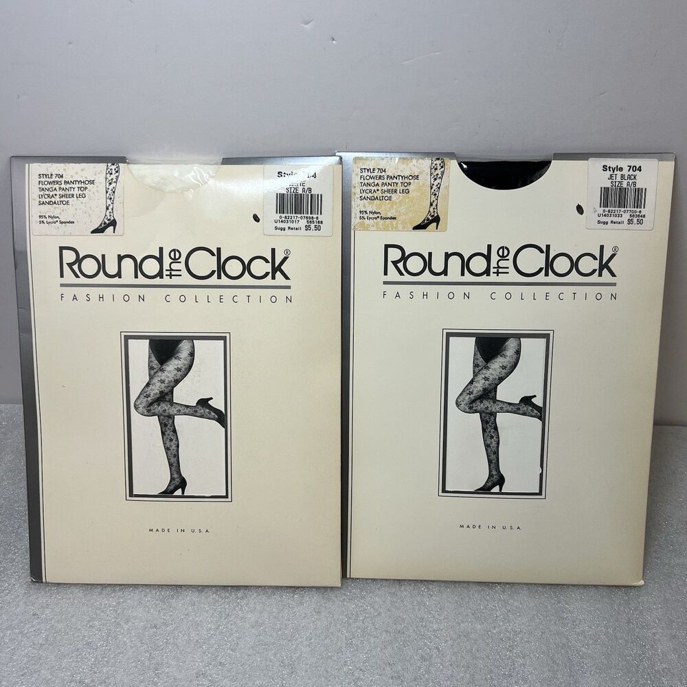 Vtg Round the Clock Flowers Pantyhose Tanga Panty Top Lycra Sheer Sandaltoe A/B